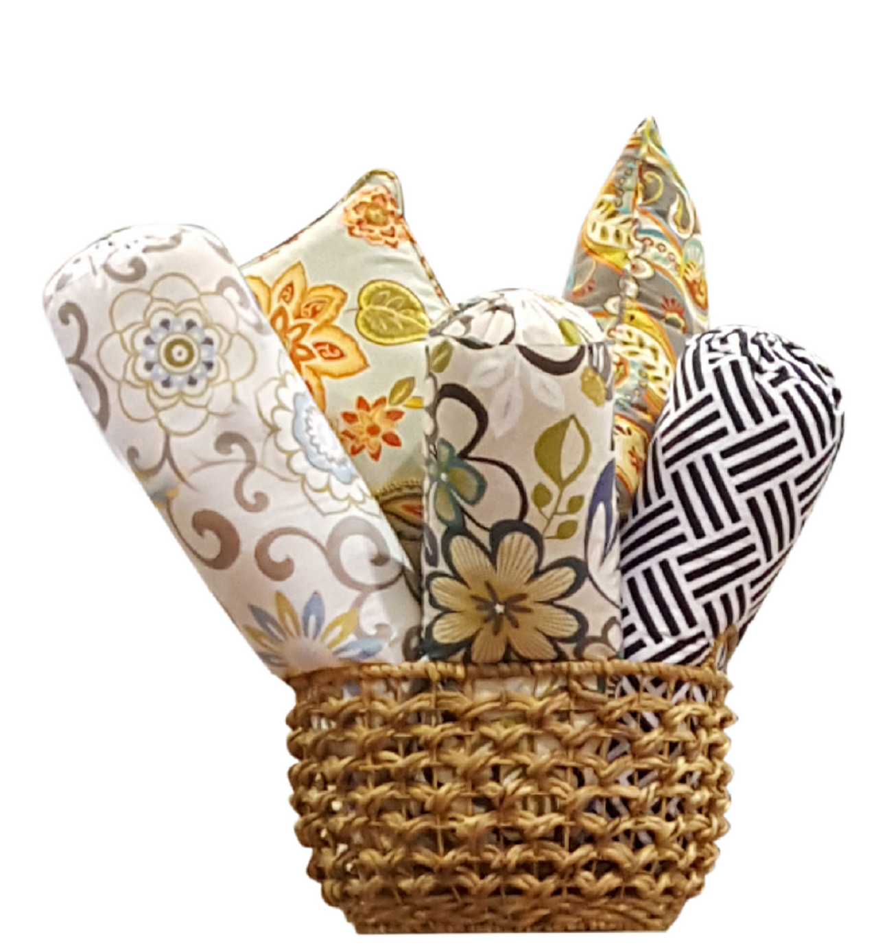 Colorful Breakaway Breeze Bolsters in Basket
