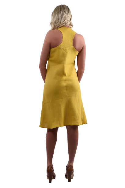 Back view of a woman in a yellow sleeveless dress