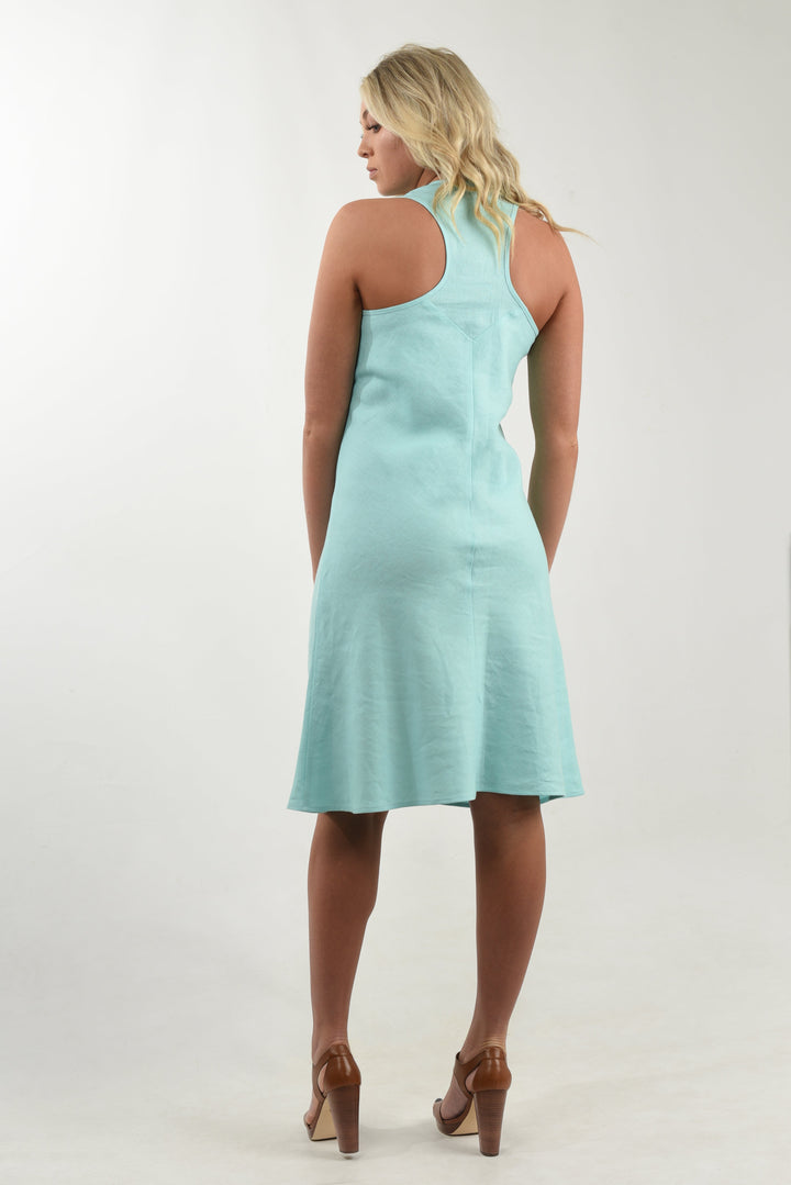 Model showcasing a racerback bias dress in soft blue