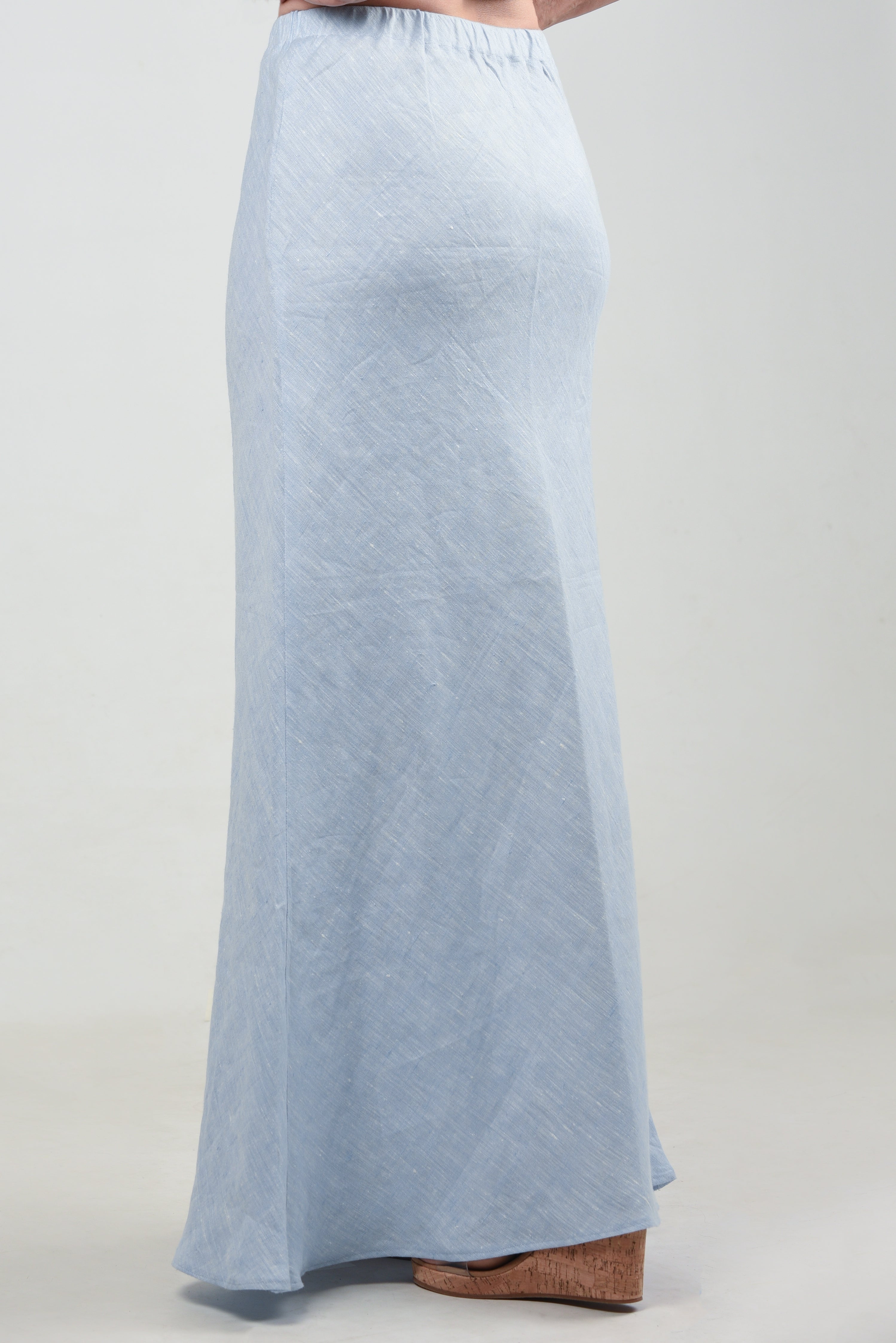 Side view of a light blue maxi skirt