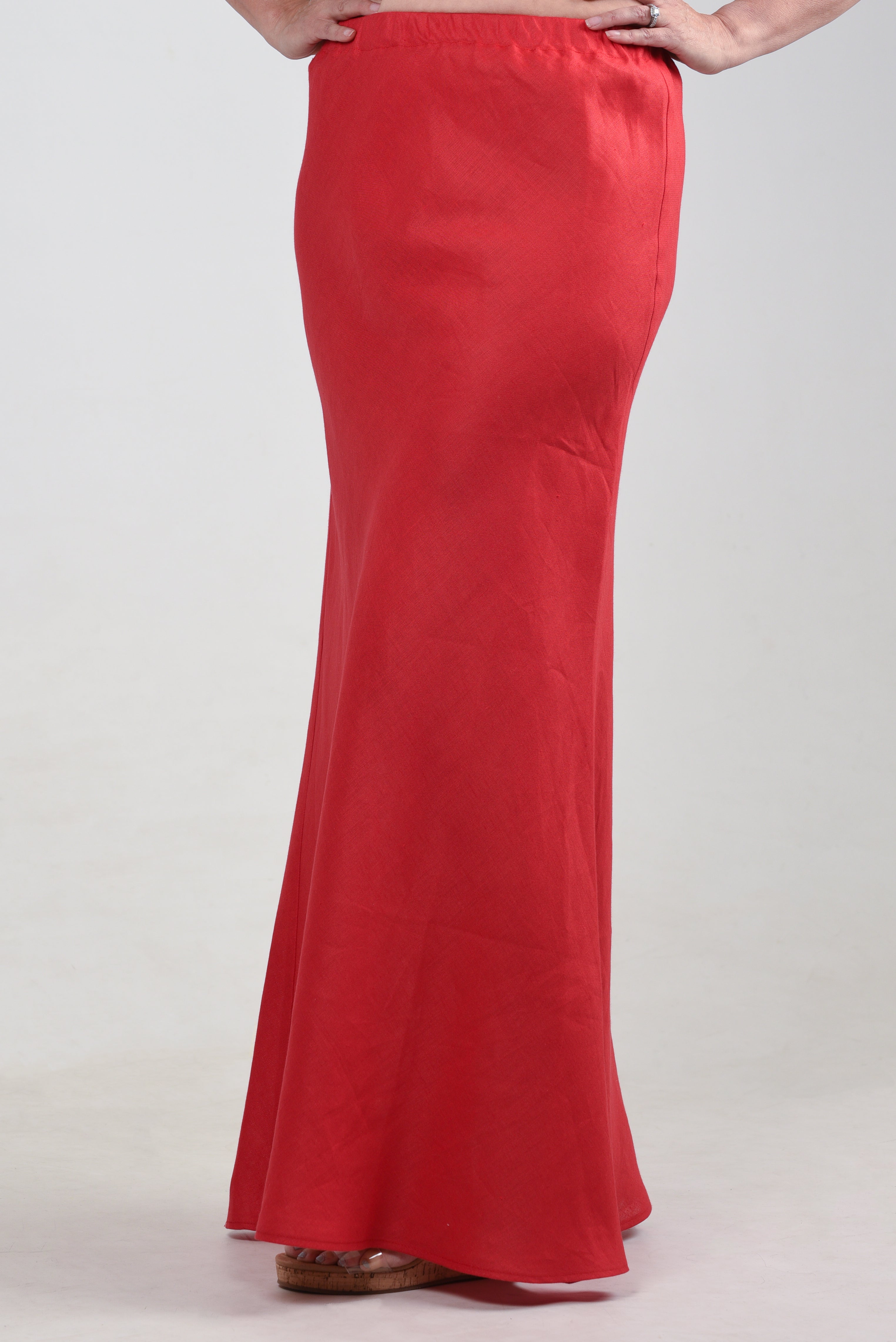 Elegant red maxi skirt displayed on a model