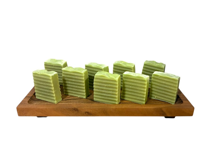 Eucalyptus spearmint soap with a textured design on a tray